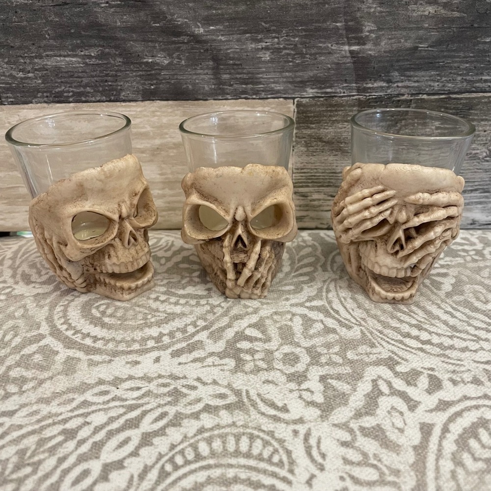3 Piece Skull Shot Glass Set See Hear Speak No Evil Gothic Barware Decor